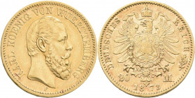 Württemberg: Karl 1864-1891: 20 Mark 1873 F, Jaeger 290. 7,95 g, 900/1000 Gold. Sehr schön+.
 [zzgl. 0 % MwSt.]