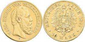 Württemberg: Karl 1864-1891: 10 Mark 1877 F, Jaeger 292. 3,91 g, 900/1000 Gold. Kratzer, sehr schön.
 [zzgl. 0 % MwSt.]