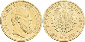 Württemberg: Karl 1864-1891: 20 Mark 1874 F, Jaeger 293. 7,94 g, 900/1000 Gold. Sehr schön+.
 [zzgl. 0 % MwSt.]