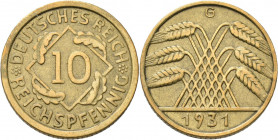 Weimarer Republik: 10 Reichspfennig 1931 G, Jaeger 317, seltener Jahrgang, Kratzer, sehr schön.
 [differenzbesteuert]