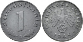 Drittes Reich: 1 Reichspfennig 1945 E mit HK. Eine der letzten Prägungen des Dritten Reiches. Vorzüglich.
 [differenzbesteuert]