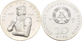DDR: 10 Mark 1988 Ulrich von Hutten, Jaeger 1622, feine Patina, vorzüglich.
 [differenzbesteuert]