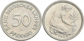 Bundesrepublik Deutschland 1948-2001: 50 Pfennig 1950 G, Bank Deutscher Länder, Jaeger 379, in dieser Erhaltung selten angeboten, fast stempelglanz.
...
