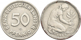 Bundesrepublik Deutschland 1948-2001: 50 Pfennig 1950 G, Bank Deutscher Länder, Jaeger 379. Kratzer, Verfärbung am Rand, sehr schön.
 [differenzbeste...