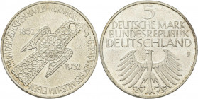 Bundesrepublik Deutschland 1948-2001: 5 DM 1952 D, Germanisches Museum, Jaeger 388. Winzige Kratzer, minimaler Randschlag, Patina, vorzüglich.
 [diff...