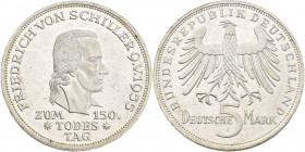 Bundesrepublik Deutschland 1948-2001: 5 DM 1955 F, Friedrich Schiller, Jaeger 389. Kratzer, sehr schön - vorzüglich.
 [differenzbesteuert]