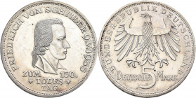 Bundesrepublik Deutschland 1948-2001: 5 DM 1955 F, Friedrich Schiller, Jaeger 389. Kratzer, sehr schön - vorzüglich.
 [differenzbesteuert]
