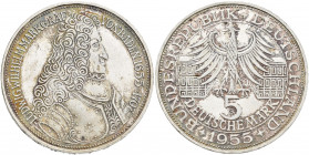 Bundesrepublik Deutschland 1948-2001: 5 DM 1955 G, Markgraf von Baden, Jaeger 390. Kratzer, Patina, sehr schön+.
 [differenzbesteuert]