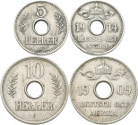 Deutsch-Ostafrika: Wilhelm II. 1888-1918: 5 Heller 1914 J (J. 718) + 10 Heller 1909 (J. 719). Beide sehr schön. Lot 2 Stück.
 [differenzbesteuert]