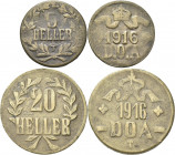 Deutsch-Ostafrika: Wilhelm II. 1888-1918: Tabora, DOA - 20 Heller 1916 T, kleine Krone (J. 727a) sehr schön und 5 Heller 1616 T (J. 723), schön. Lot 2...