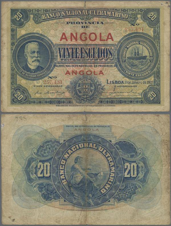 Angola: 20 Escudos 1921, P.59, small border tears, tiny hole at center. Conditio...