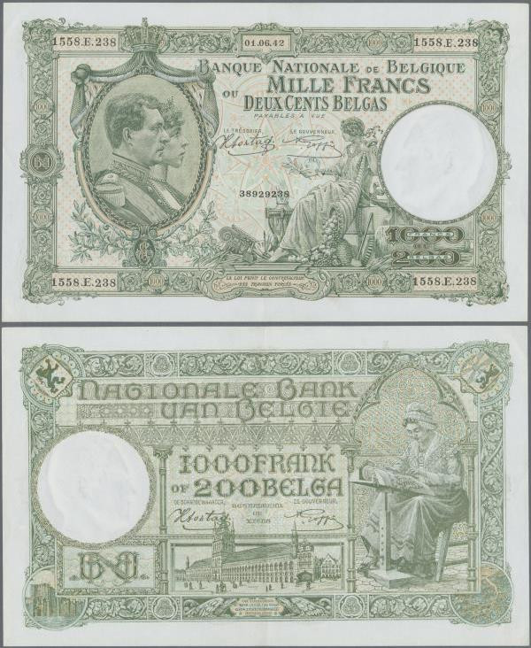 Belgium: large size note 1000 Francs = 200 Belgas 1942 P. 110 in nice condition ...