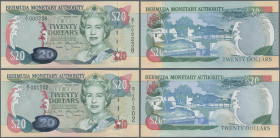 Bermuda: Bermuda Monetary Authority pair with 20 Dollars 24th May 2000 with serial number D/I 001502 (P.53a, UNC) and 20 Dollars 24th May 2000 REPLACE...