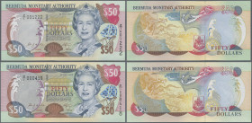Bermuda: Bermuda Monetary Authority pair with 50 Dollars 24th May 2000 with serial number D/I 000418 (P.54a, UNC) and 50 Dollars 24th May 2000 REPLACE...