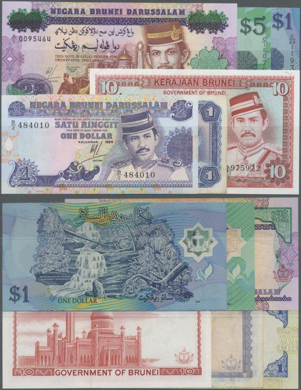 Brunei: set of 8 banknotes containing the following Pick numbers: P. 6, 8, 13, 2...