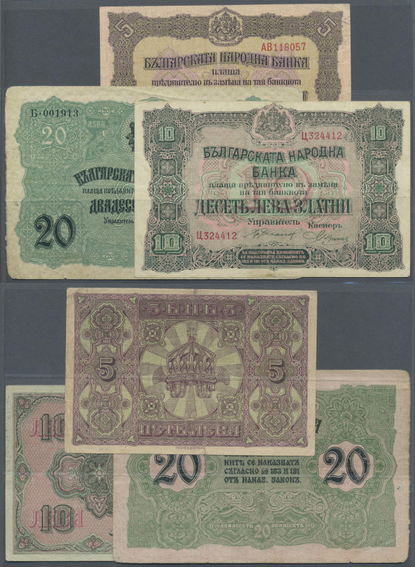 Bulgaria: Set of 3 different banknotes containing 5 Leva ND(1917) P. 21 (VF), 10...