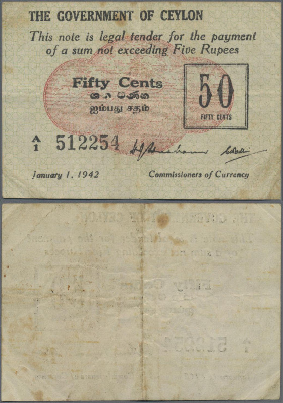 Ceylon: The Government of Ceylon 50 Cents 1942, P.41, still nice with a few rust...