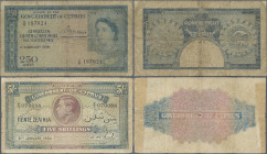 Cyprus: Government of Cyprus, pair with 5 Shillings 31st January 1950, P.22 (VG/F- with small tear at center, margin split and weak paper) and 250 Mil...
