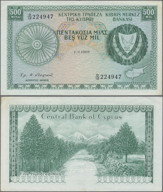 Cyprus: Central Bank of Cyprus 500 Mil, March 1st 1968, P.42a, soft vertical fol...