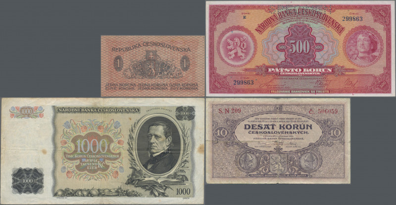 Czechoslovakia: Lot with 9 banknotes series 1919 – 1934 comprising 1 Korun 1919 ...