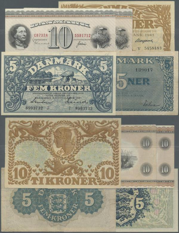 Denmark: set of 5 notes containing 5 Kroner 1943 P. 30 (UNC), 10 Kroner 1943 P. ...