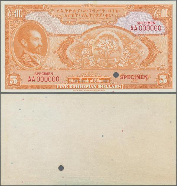 Ethiopia: State Bank of Ethiopia 5 Dollars ND(1945) uniface color trial SPECIMEN...