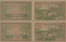 French Indochina: Gouvernement Général de l'Indochine, running pair with 20 Cents ND(1939), both with signature title at left ”Le Trésorier Général” a...