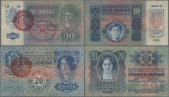 Hungary: Hungarian Treasury 1920, lot with 6 banknotes, all with hand stamp ”MAGYARORSZÁG”, including 10 Kronen (P.19a, F/F-), 2x 20 Kronen (P.20, 21,...