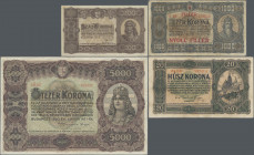 Hungary: Ministry of Finance, lot with 10 banknotes, series 1920 – 1925, comprising 1 Korona 1920 (P.57, aUNC), 2x 2 Korona 1920 (P.58, aUNC, VF), 10 ...