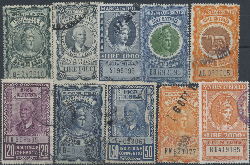 Italy: Lot mit 10 Fiskal-Marken (Marca di Bollo) 10 Lire bis 2000 Lire (um 1940-...