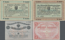 Latvia: Mitau, set with 3 banknotes, consisting Mitausche Stadtverwaltung 1 Rubel 1915 (Istomin 172.1, VF) and 2x 5 Marok Western Volunteers Army 1919...