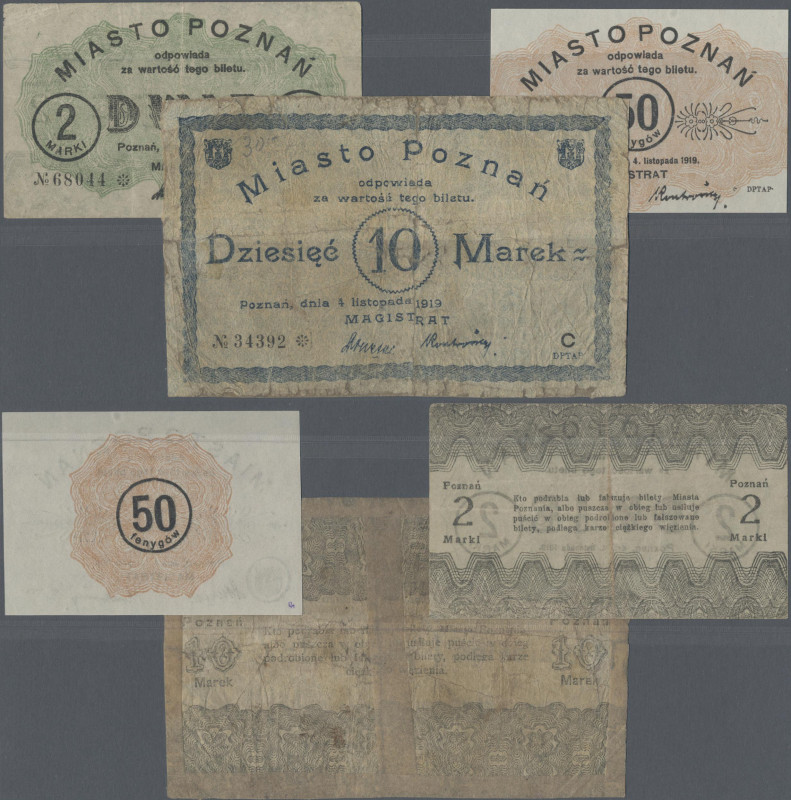 Poland: POZNAN, set with 3 pcs. Notgeld 1919 with 50 Fenygow (aUNC), 2 Marki (F)...