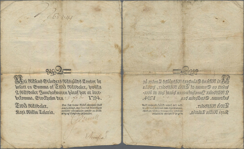 Sweden: Riksens Ständer Riksgälds Contor 2 Riksdaler 1794, P.A118a with margin s...