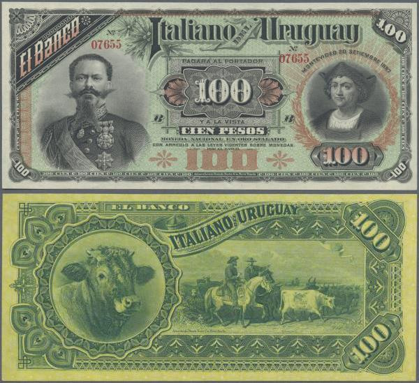 Uruguay: El Banco Italiano Del Uruguay 100 Pesos 1887 remainder w/o signatures b...
