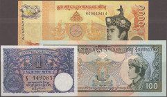 Bhutan: Royal Monetary Authority of Bhutan, lot with 22 banknotes 1974-2008, containing 1 Ngultrum 1974 (P.1, aUNC), 1 Ngultrum 1981 (P.5, UNC), 2x 1 ...