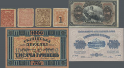 Russia: Huge lot with 104 banknotes, comprising for example Ukraine 20 and 2x 50 Shahiv ND(1918) (P.8, 11a, F- to F), 2x 1000 Karbovantsiv 1918 (P.24,...