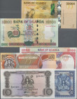 Uganda: Bank of Uganda, lot with 32 banknotes series 1966 – 2010, comprising for example 5 and 10 Shillings ND(1966) (P.1, 2, UNC), 1000 Shillings 198...