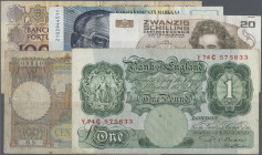 Alle Welt: Small box with about 400 banknotes, some in larger quantities or bundles, comprising for example Austria 20 Schilling 1986 (P.148, VF), Fin...
