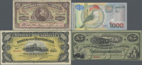 South America: Collectors album with approx. 230 banknotes and stamps South America, comprising for example Uruguay 5 Pesos 1914 (P.10, F/F+), Surinam...