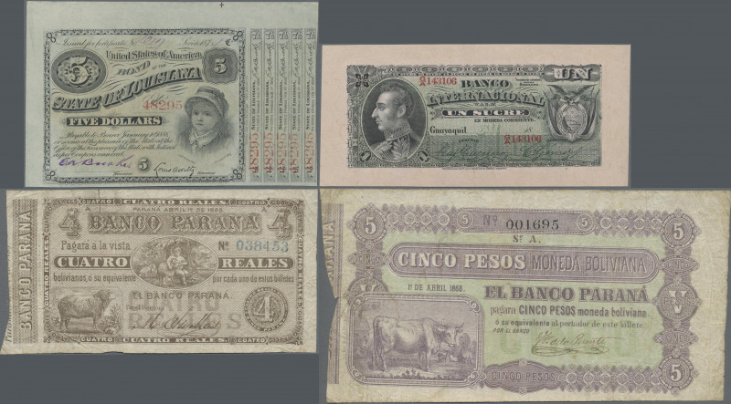 South America: Lot with 4 banknotes Ecuador 1 Sucre 18xx (P.S172, aUNC), State o...