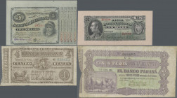 South America: Lot with 4 banknotes Ecuador 1 Sucre 18xx (P.S172, aUNC), State of Louisiana 5 Dollars 1886 (P.NL, UNC) and Argentina 4 Reales and 5 Pe...