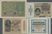 Deutschland - Deutsches Reich bis 1945: Konvolut mit 9 Banknoten 1919-1923, dabei 50 Mark 1919 (Reihe 1, a/LM, Ro.62a, aUNC), 500.000 Mark 1923 (KN 7-...