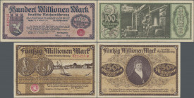 Deutschland - Nebengebiete Deutsches Reich: Zoppot, Lot mit drei Notgeldscheinen September 1923, mit 50 Millionen Mark (II), 100 Millionen Mark (II) u...