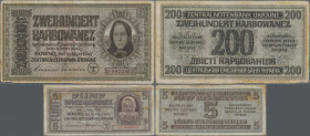 Deutschland - Nebengebiete Deutsches Reich: Zentralnotenbank Ukraine 1942, Lot mit 5 Banknoten, dabei 3x 5 Karbowanez (Ro.593) und 2x 200 Karbowanez (...