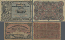 Deutschland - Kolonien: Deutsch-Ostafrikanische Bank, Lot mit 10 Rupien 1905 (Ro.901, F/F- mit kleinen Löchern) und 50 Rupien 1905 (Ro.902d, F/F+, lei...