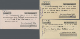 Deutschland - Notgeld - Baden: Bühl, Vorschussbank Bühl e.G.m.b.H., 2 x 1 Mio. Mark, jeweils mit KN und seitlichem Stempel, 1 x mit (Erh. II) und 1 x ...