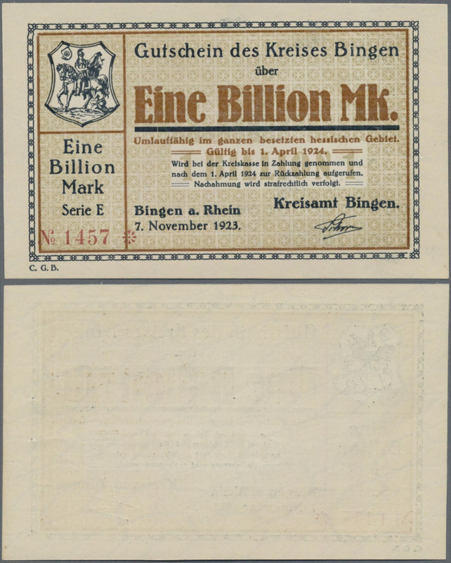 Deutschland - Notgeld - Hessen: Bingen, Kreis, 1 Billion Mark, 7.11.1923, nicht ...