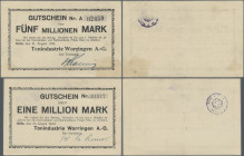 Deutschland - Notgeld - Rheinland: Köln, Tonindustrie Worringen A.-G., 1 Mio. Mark, 10.8.1923, 2 Mio. Mark, 21.8.1923, Erh. II-, total 2 Scheine
 [di...