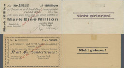 Deutschland - Notgeld - Sachsen: Döbeln, Dresdner Bank, 500 Tsd. Mark, 9.8.1923, Erh. II, 1 Mio. Mark, 21.8.1923, Erh. III, Schecks auf Commerz- und P...