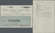 Deutschland - Notgeld - Sachsen: Eibau, Löbauer Bank Zweigstelle Eibau, 1000 Mark, 20.10.1922 (gestempelt), Kundenscheck für Aussteller M. E. Halank i...